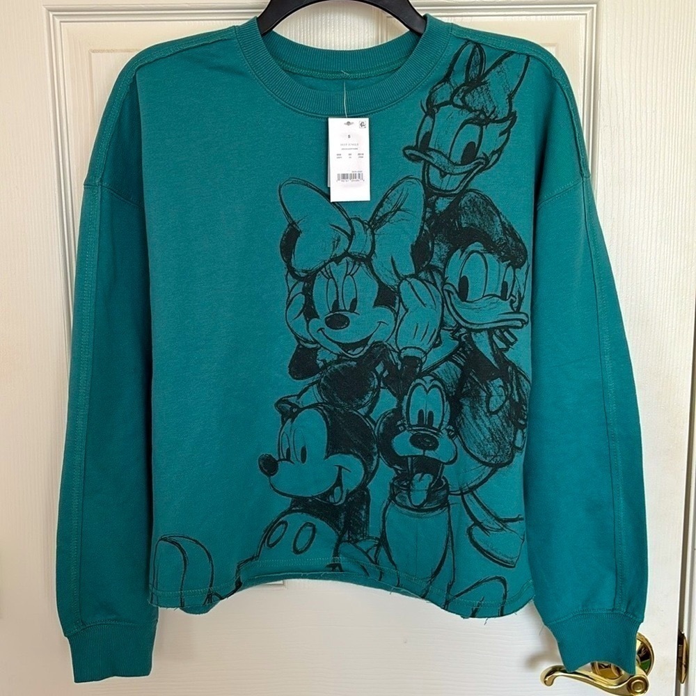 Brand New Disney Mickey & Friends Teal Blue Character Sketch Pullover Sweatshirt